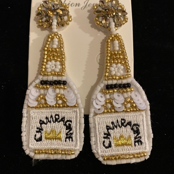 Champagne bottle earrings white gold beaded - Picture 4 of 6